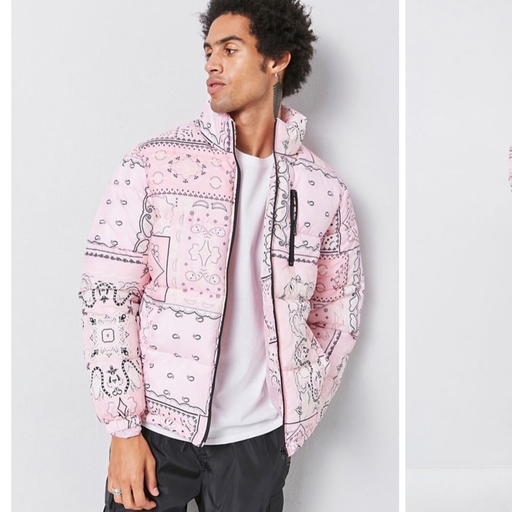 Pink bandana puffer coat!